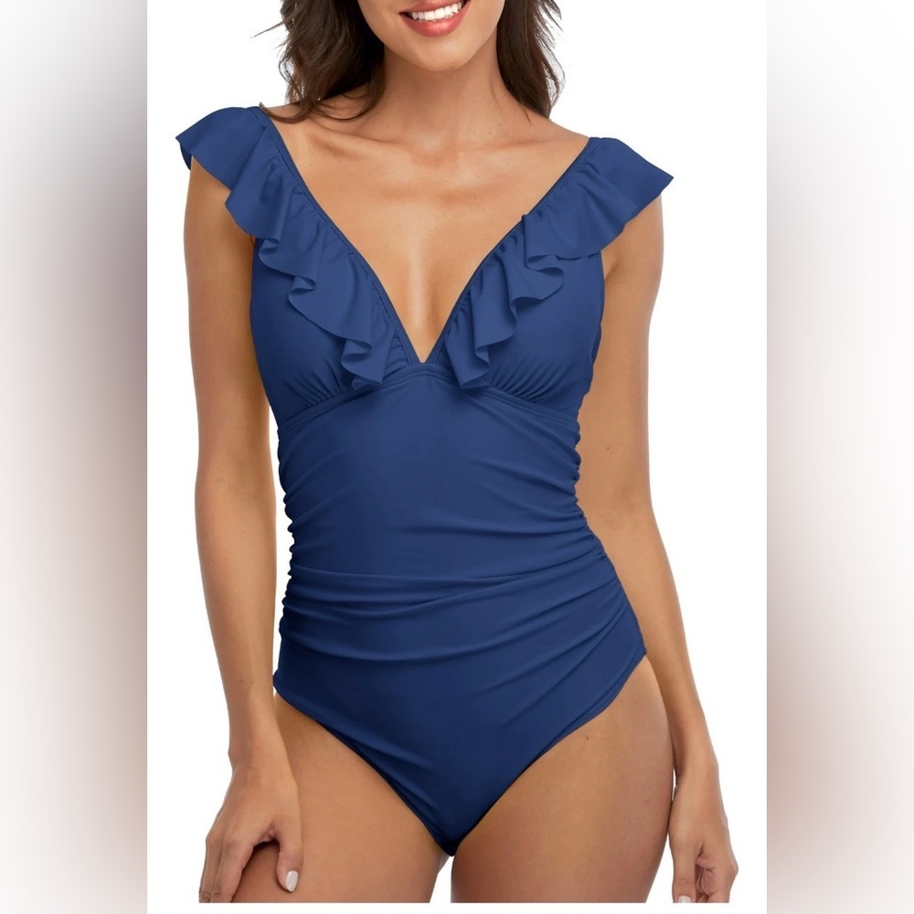 Women's Navy Ruffle V-Neck One-Piece Swimsuit Medium